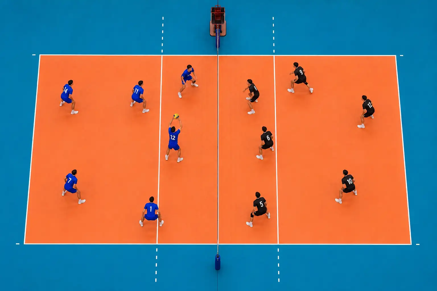 Volleyball team huddled on the court during a timeout discussing rotation strategy